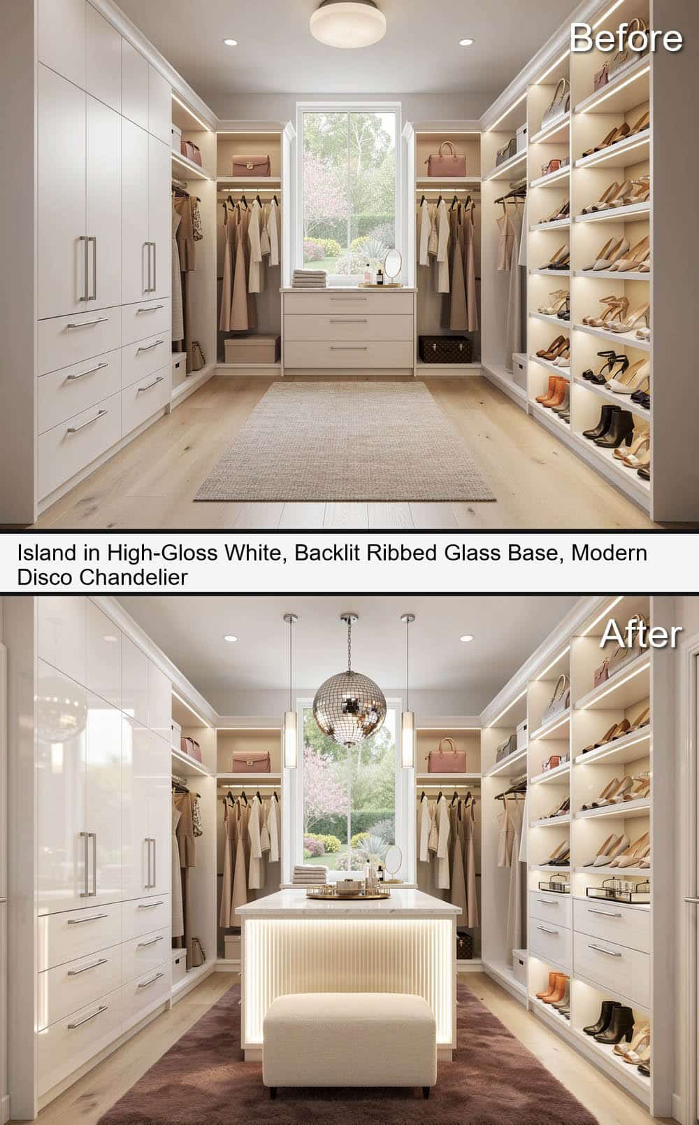 High Gloss White Island with Backlit Ribbed Glass Base & Modern Disco Chandelier