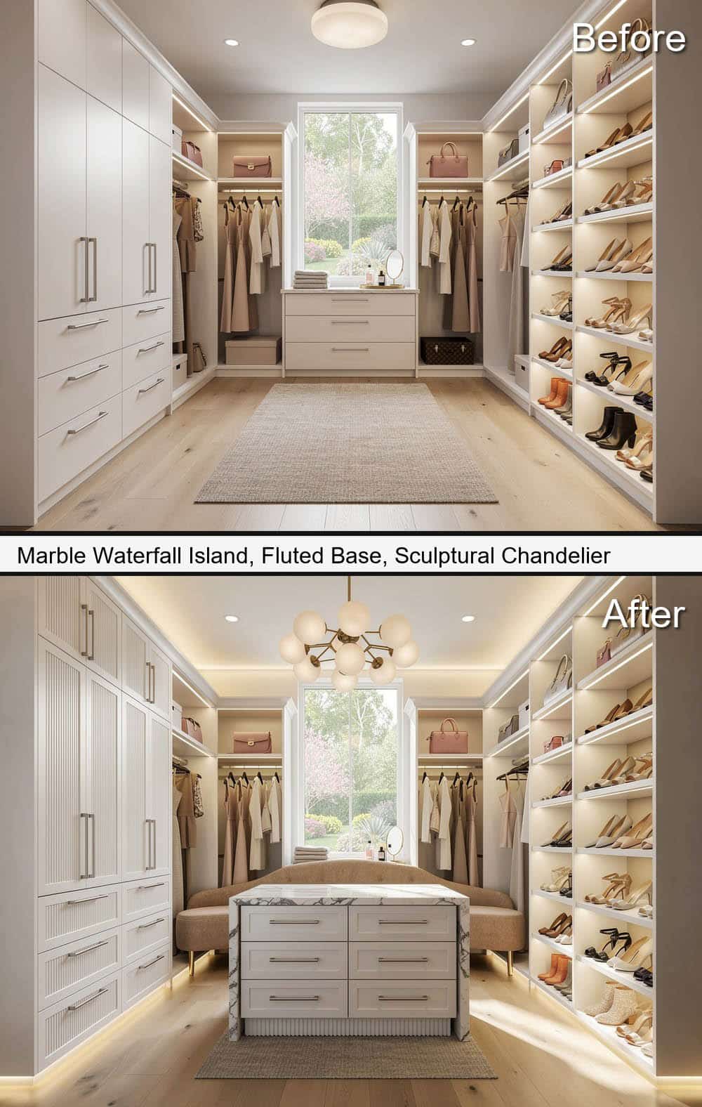 Marble Waterfall Island Walk In Closet, with Fluted Base & Sculptural Chandelier