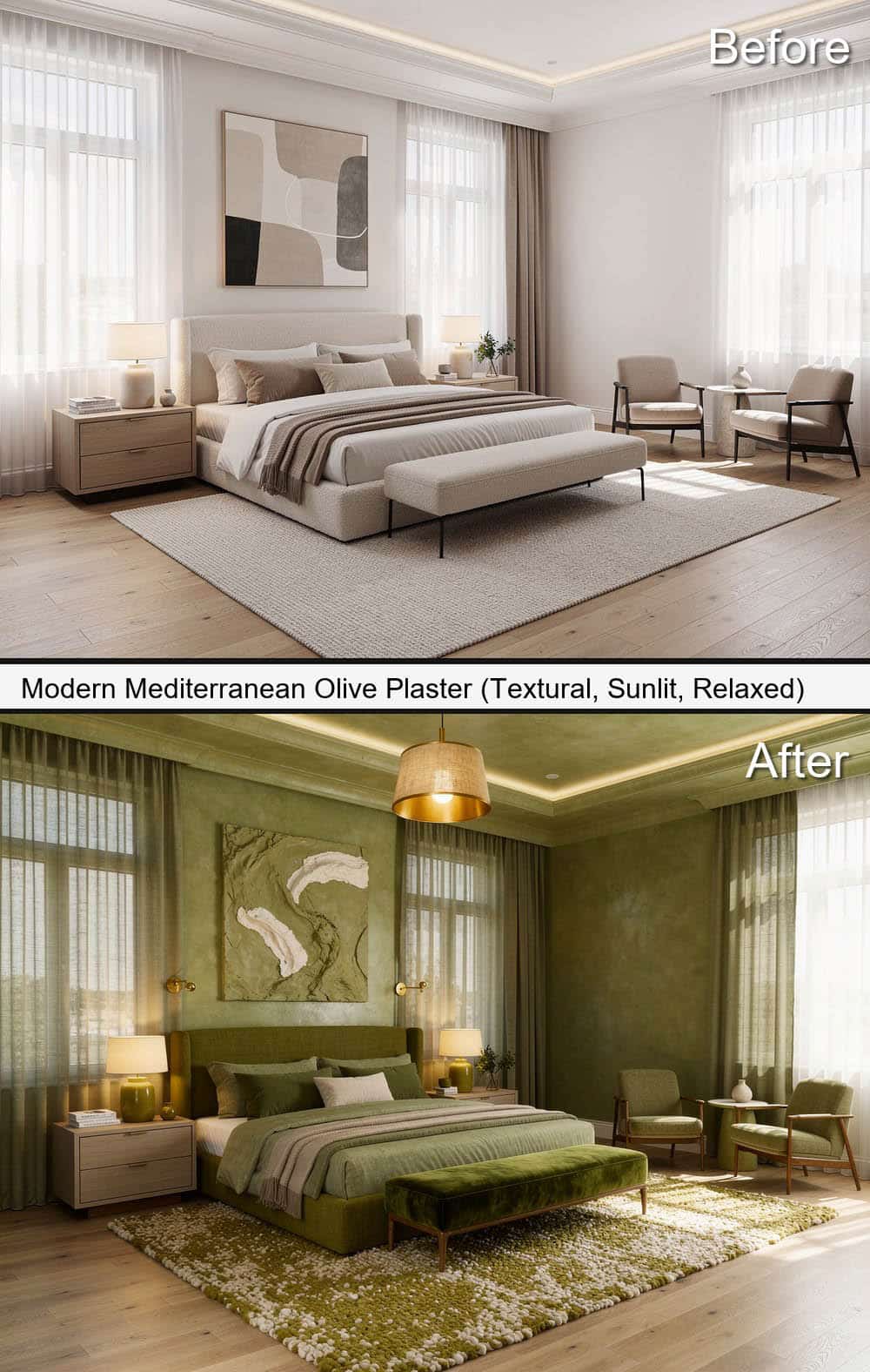 Modern Mediterranean Olive Plaster (Textural & Relaxed)