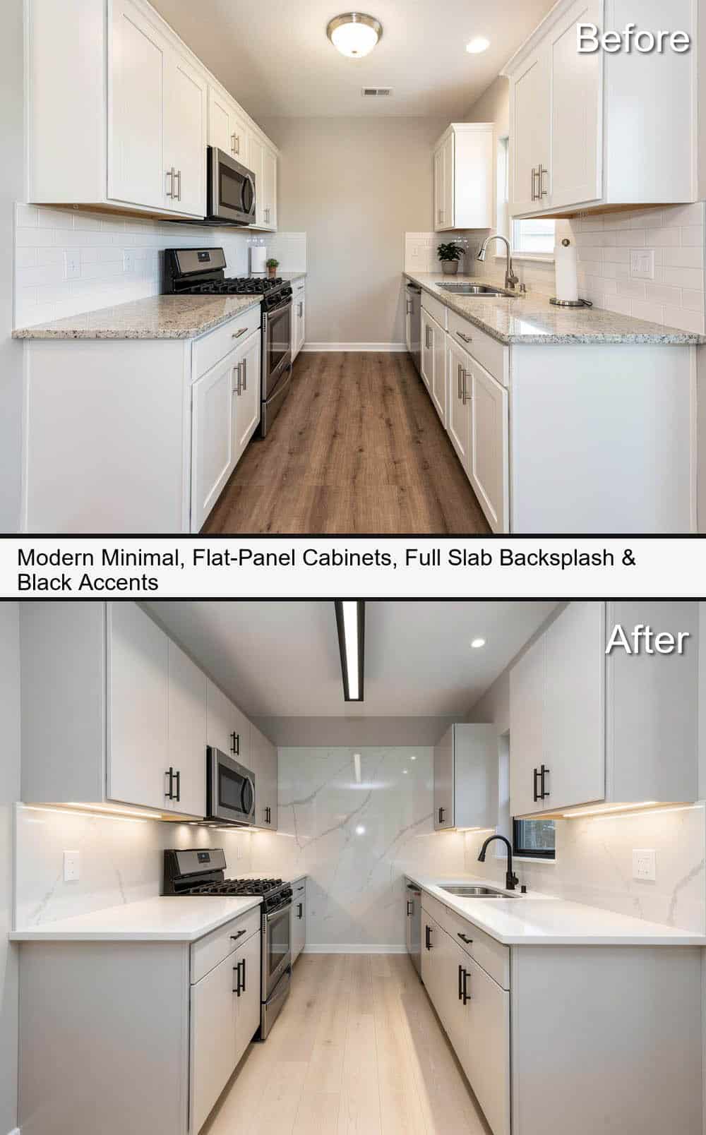 Modern Minimal Kitchen with Flat-Panel Cabinets, Full Slab Backsplash and Black Accents