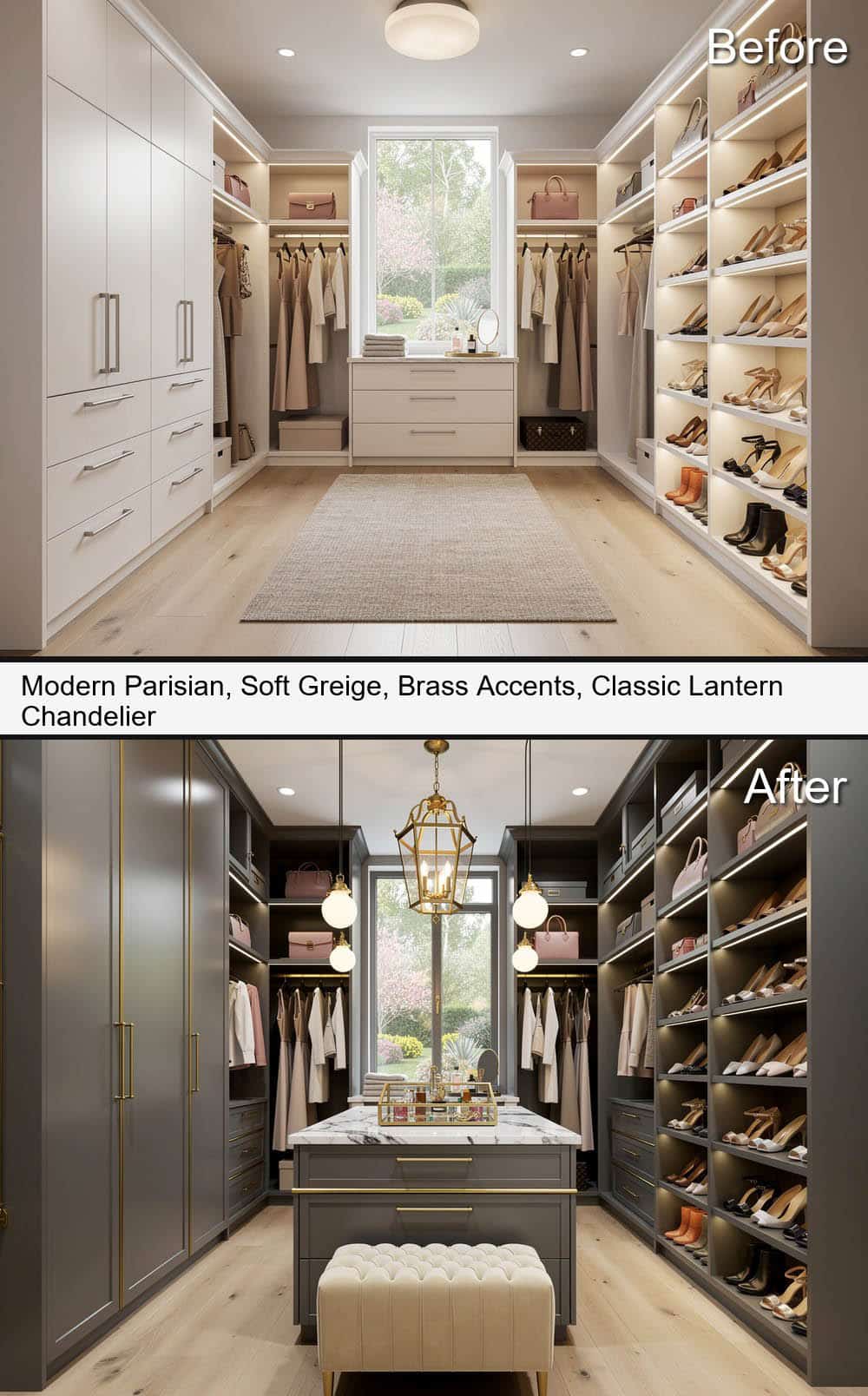 Modern Parisian Closet, with Soft Greige, Brass Accents & Classic Lantern Chandelier
