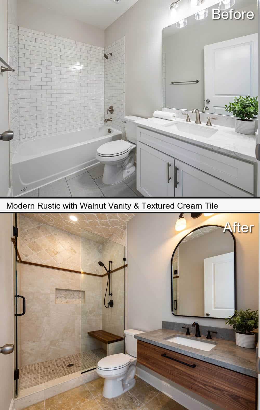 Modern Rustic with Walnut Vanity & Textured Cream Tile