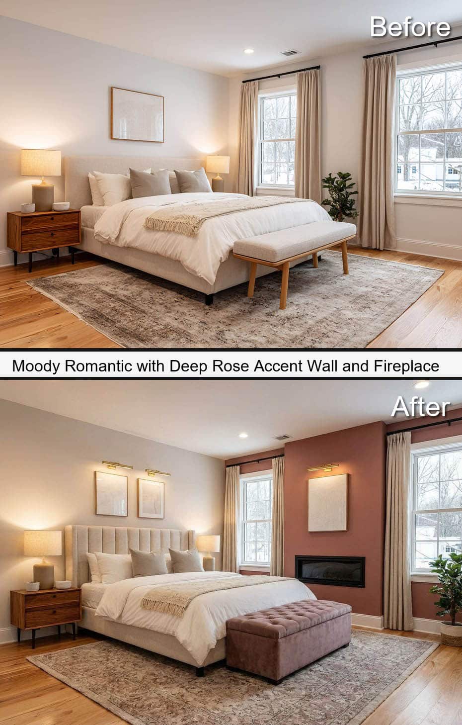 Moody Romantic with Deep Rose Accent Wall and Slim Linear Fireplace