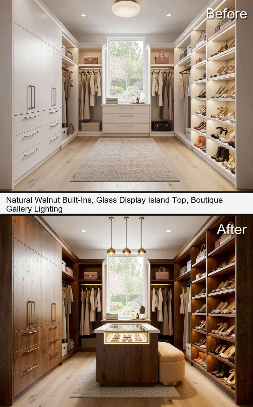 Natural Walnut Built-Ins, with Glass Display Island Top & Boutique Gallery Lighting