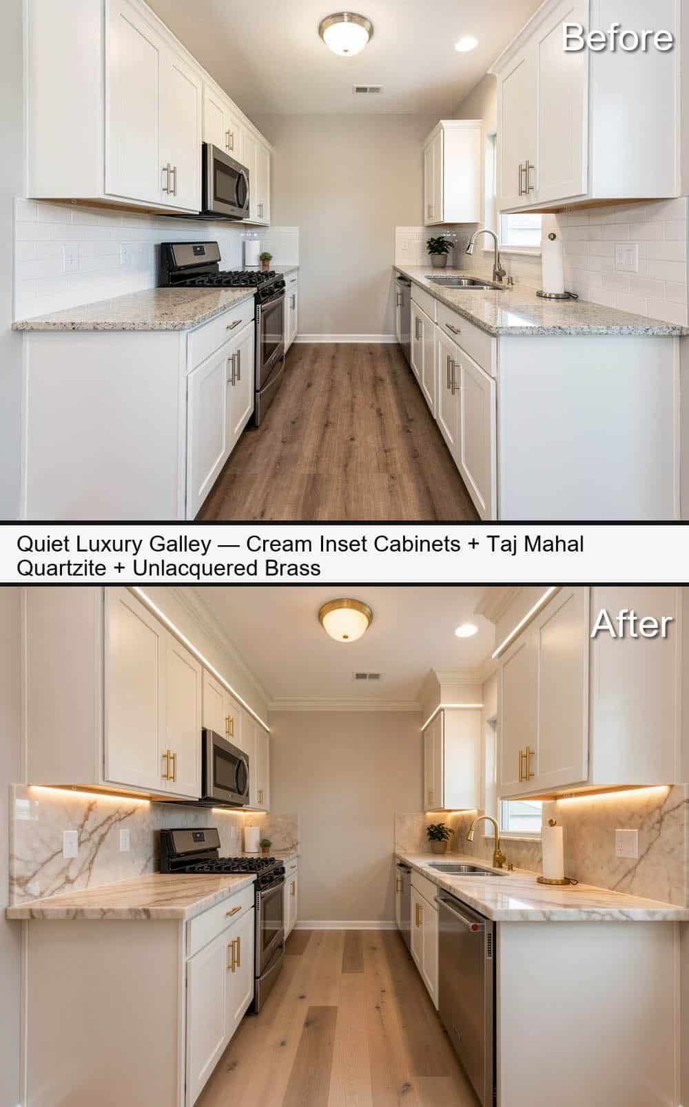 Quiet Luxury Galley Kitchen with Cream Inset Cabinets, Taj Mahal Quartzite and Unlacquered Brass
