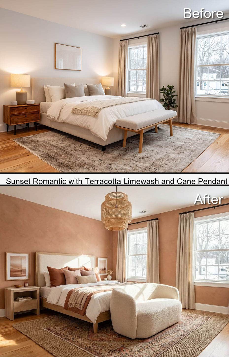 Sunset Couples Bedroom with Terracotta Limewash and Cane Pendant