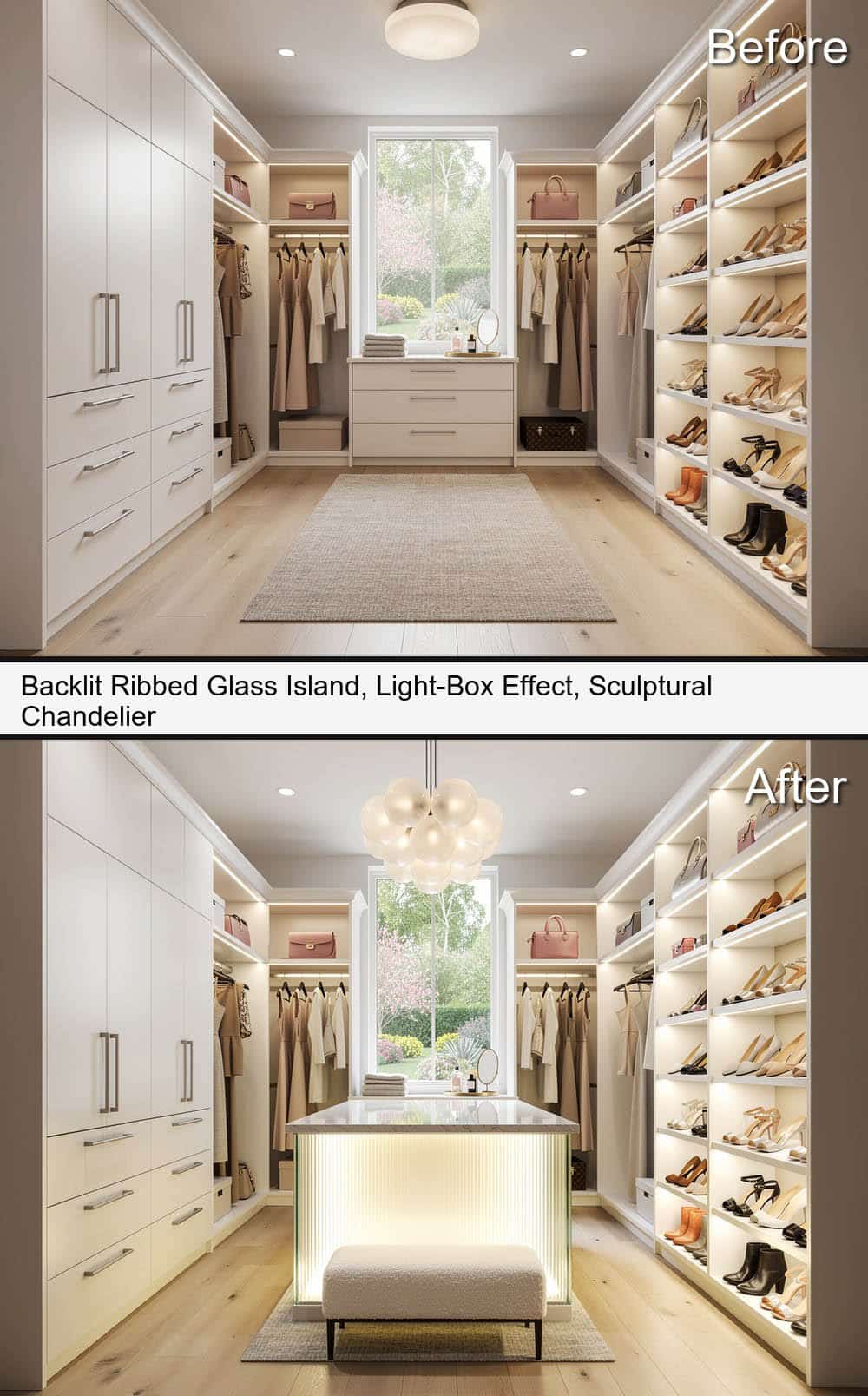 Backlit Ribbed Glass Island, with Light Box Effect & Sculptured Chandelier