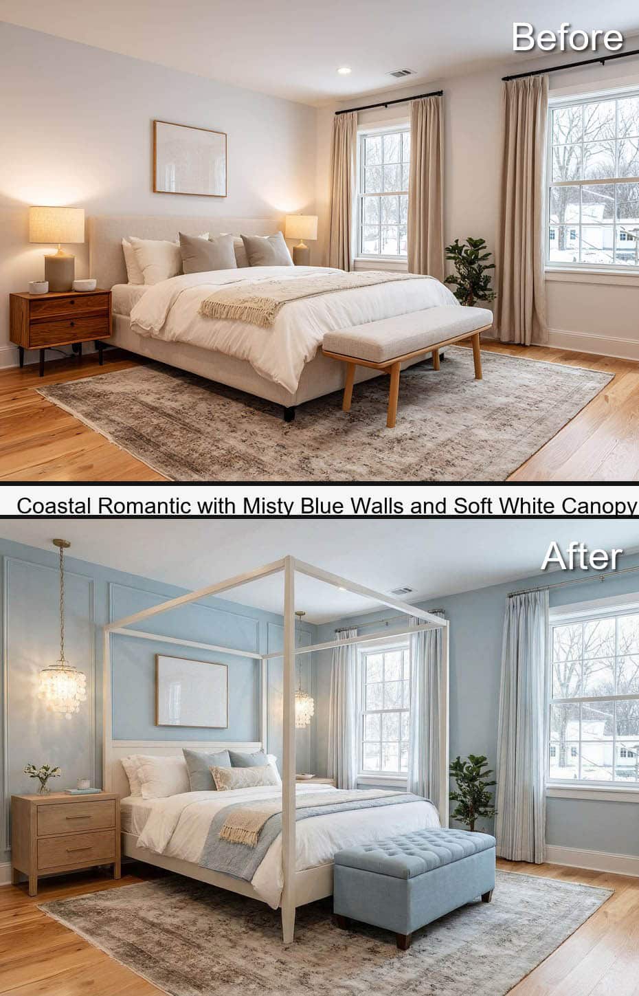 Coastal Bedroom with Misty Blue Walls and Soft White Canopy Bed