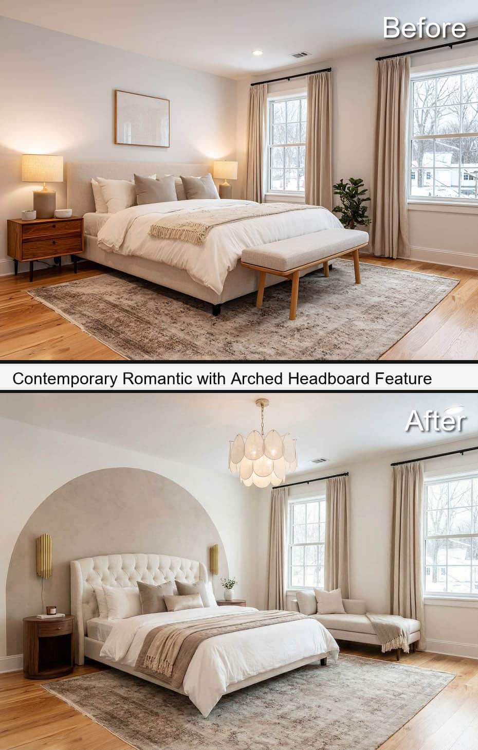 Contemporary Romantic with Warm White Walls and Arched Headboard Feature