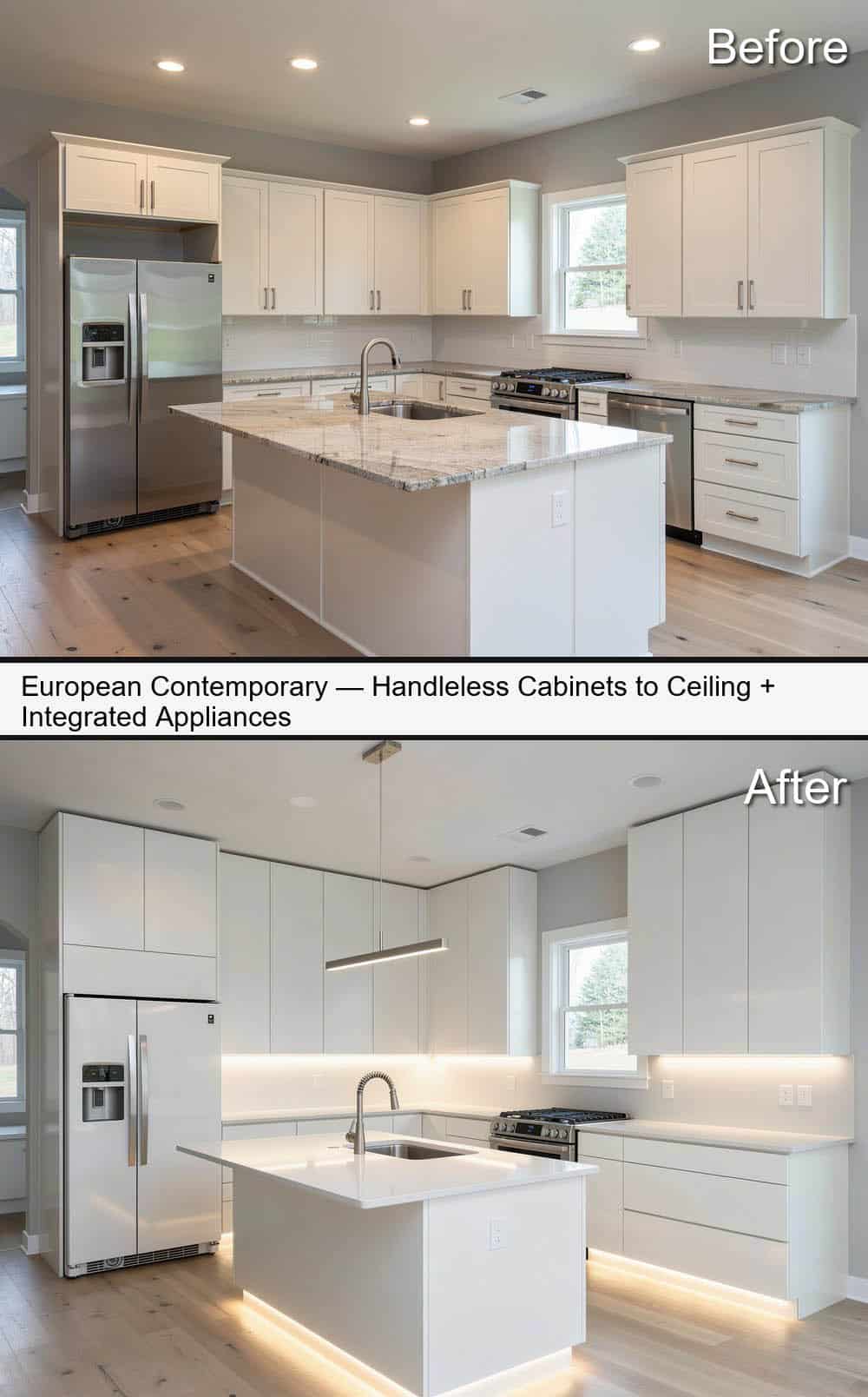 Euro-Style Kitchen with Handle-Free Cabinet Fronts and Soft Glow Lighting
