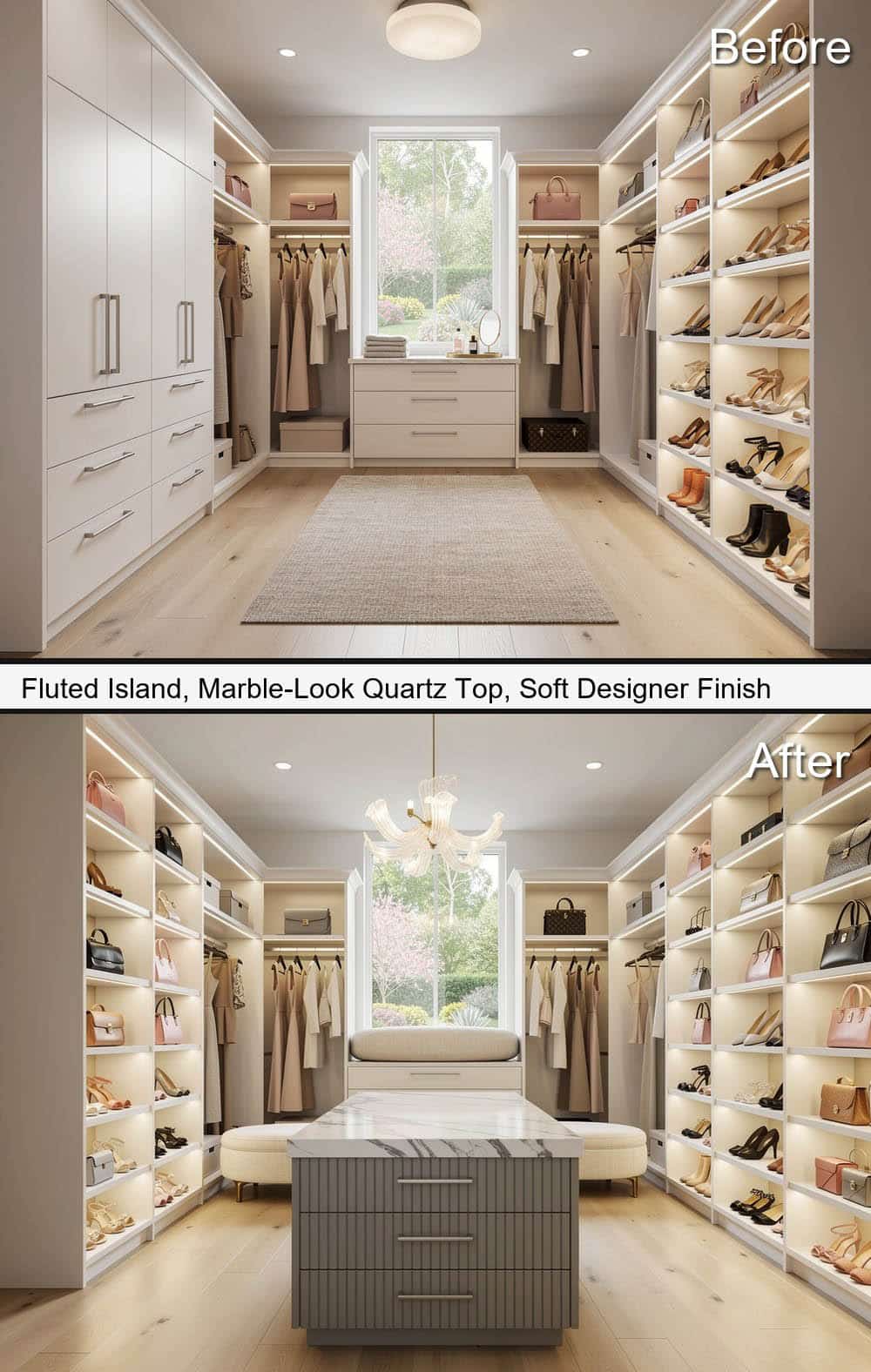 Fluted Island, with Marble Look Quartz Top & Soft Designer Finish