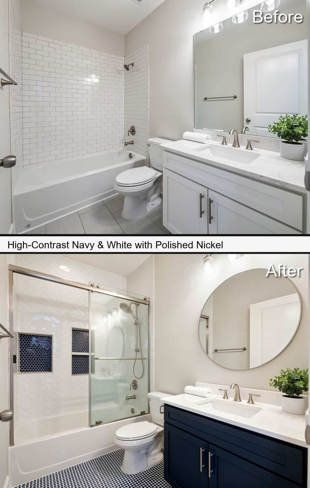 Bathroom with High-Contrast Navy & White Vanity with Polished Nickel Hardware