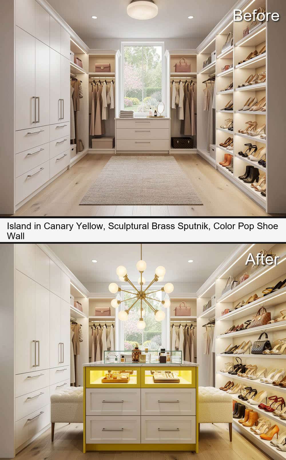 Canary Yellow Island, with Sculptural Brass Sputnik & Color Pop Shoe Wall