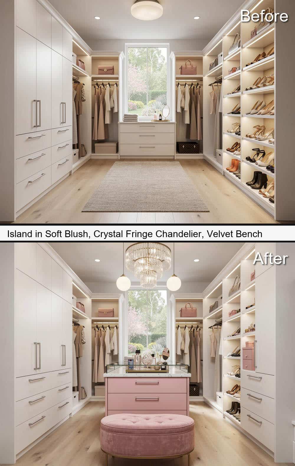 Soft Blush Island, with Crystal Fringe Chandelier & Velvet Bench