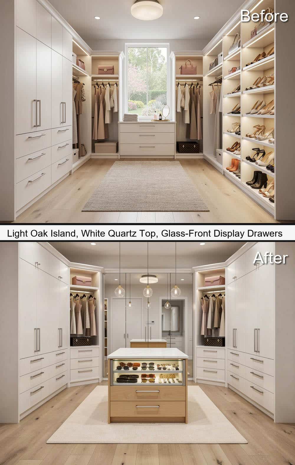 Light-Oak Island, with White Quartz Top & Glass Front Display Drawers