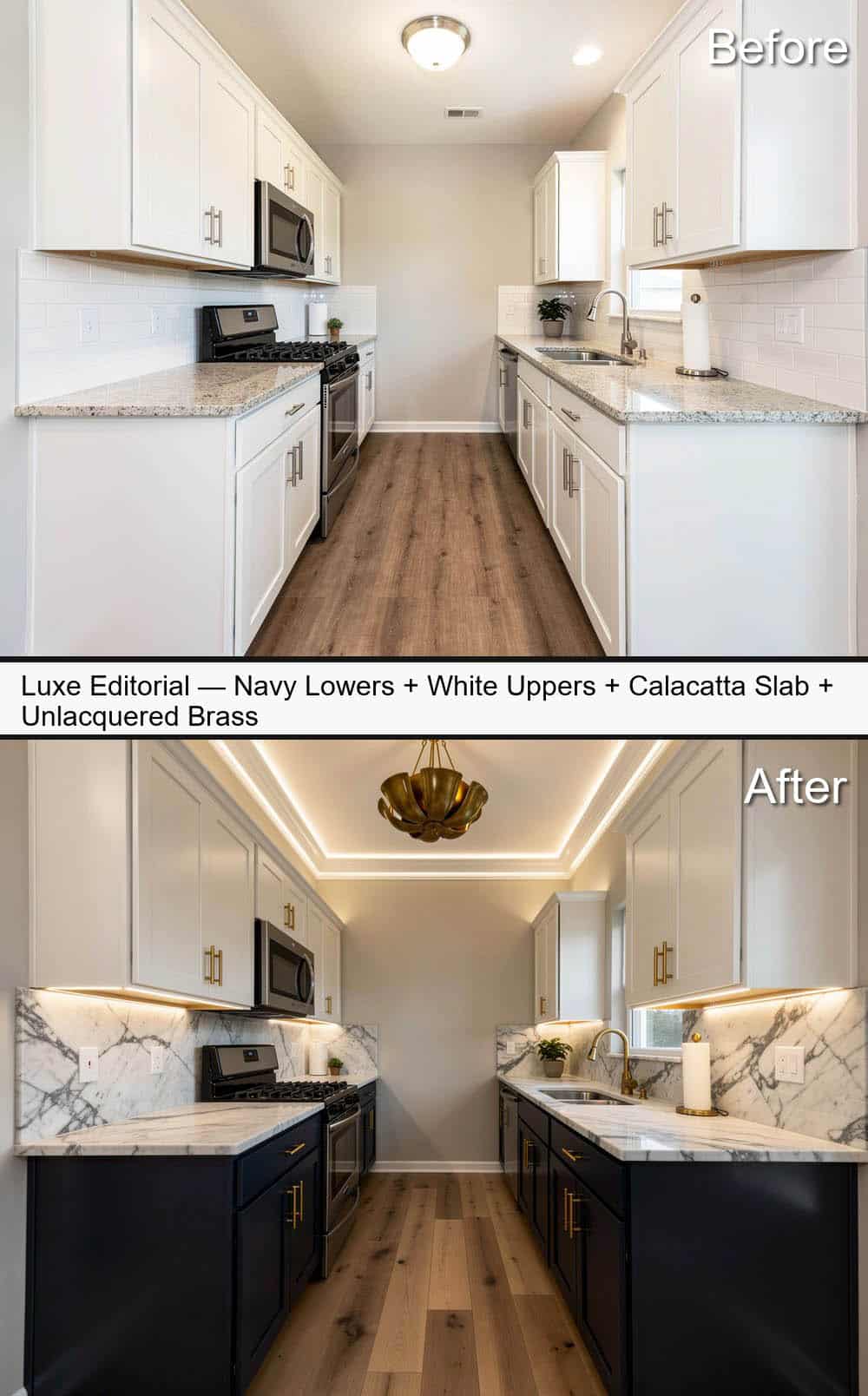 Luxe Editorial Kitchen with Navy Lowers, White Uppers, Calacatta Slab and Unlacquered Brass
