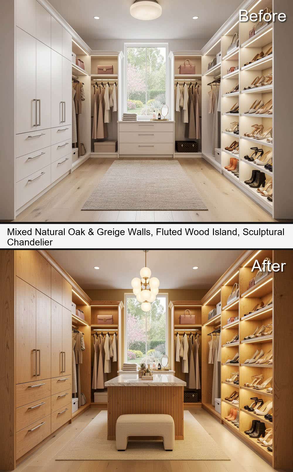 Mixed Natural-Oak & Greige Walls, with Fluted Island & Sculptural Chandelier