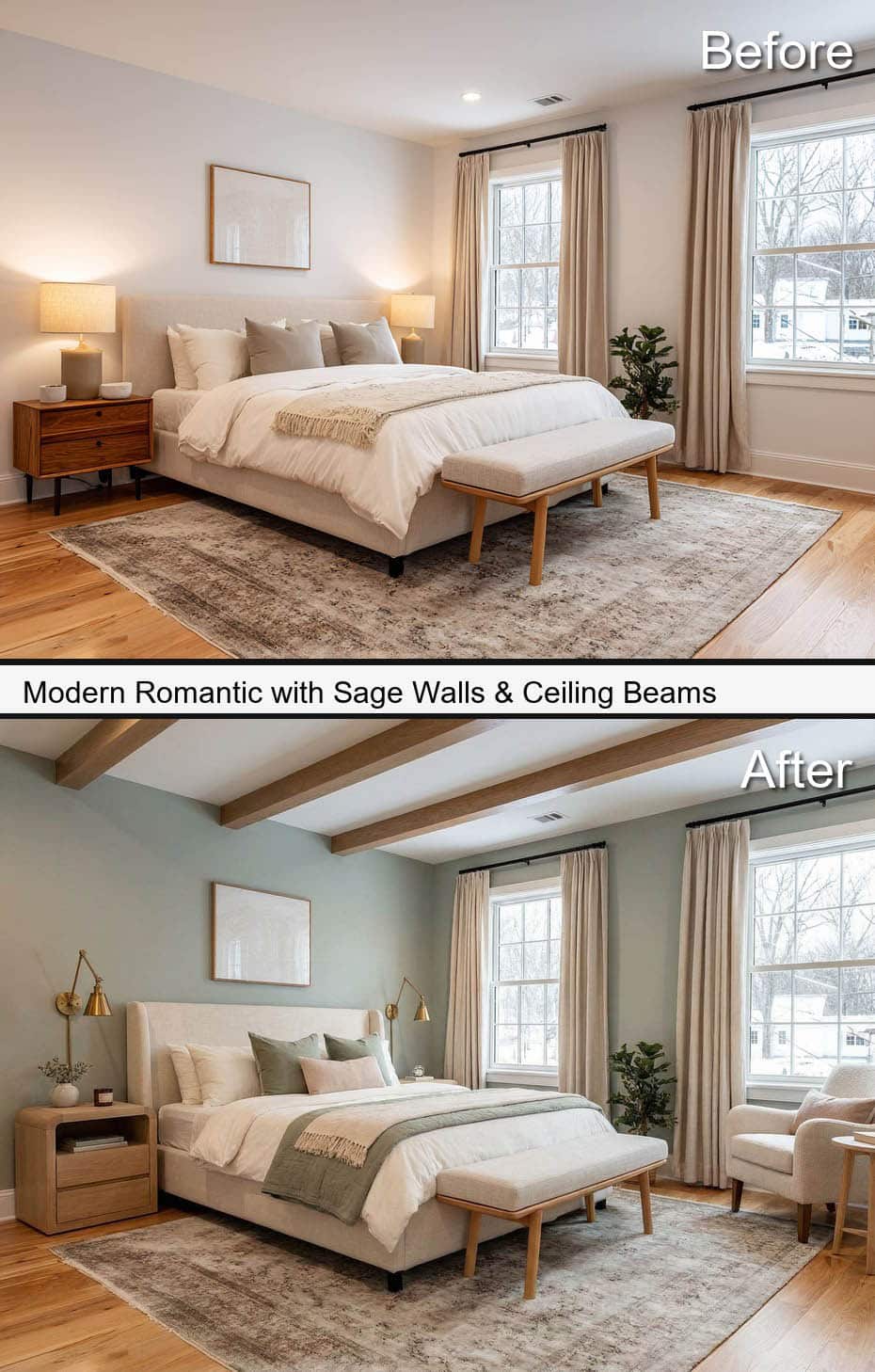 Serene Romantic with Sage Walls & Ceiling Beams