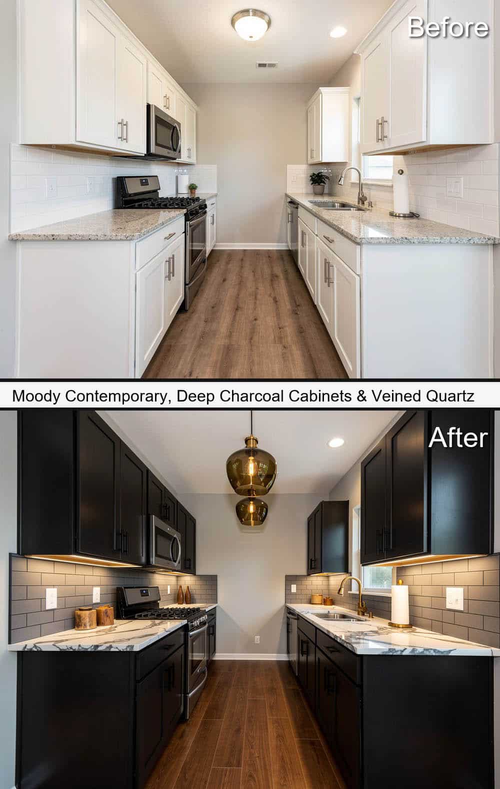 Moody Contemporary Kitchen with Deep Charcoal Cabinets and Veined Quartz