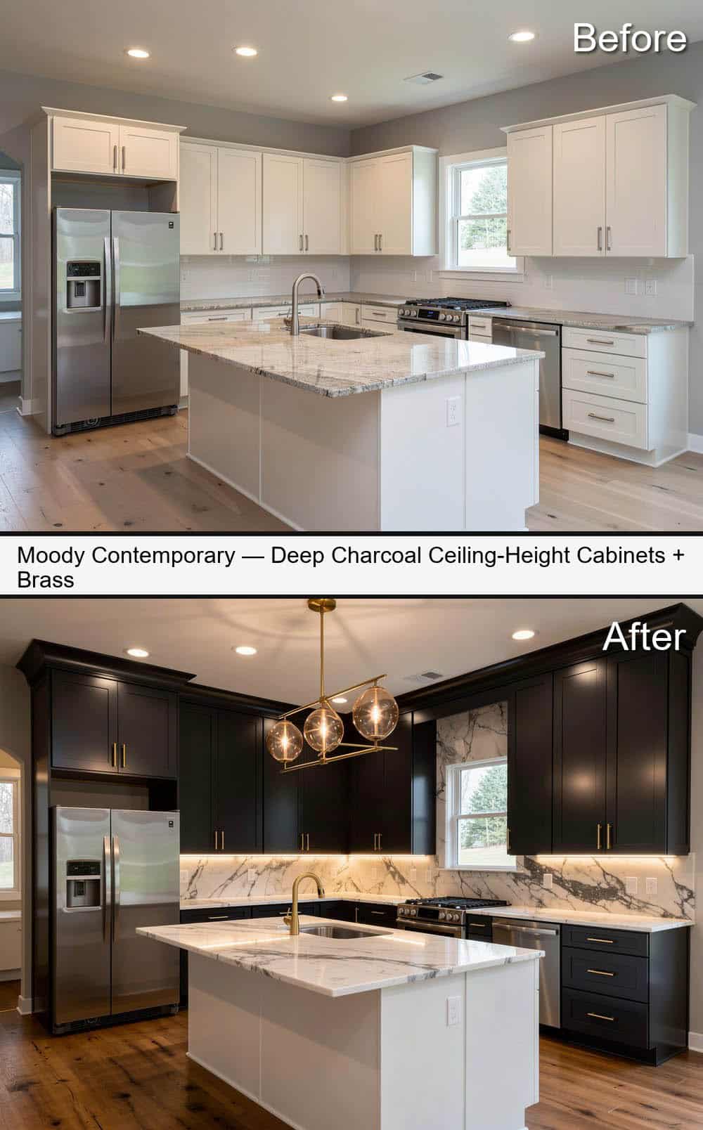 Charcoal & Brass Glow Kitchen with Dramatic Veined Stone