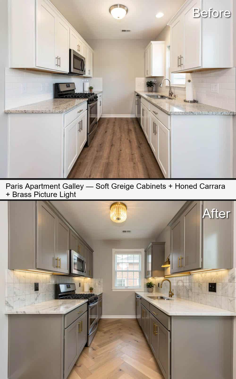 Paris-Inspired Kitchen with Soft Greige Cabinets, Honed Carrara and Brass Picture Light