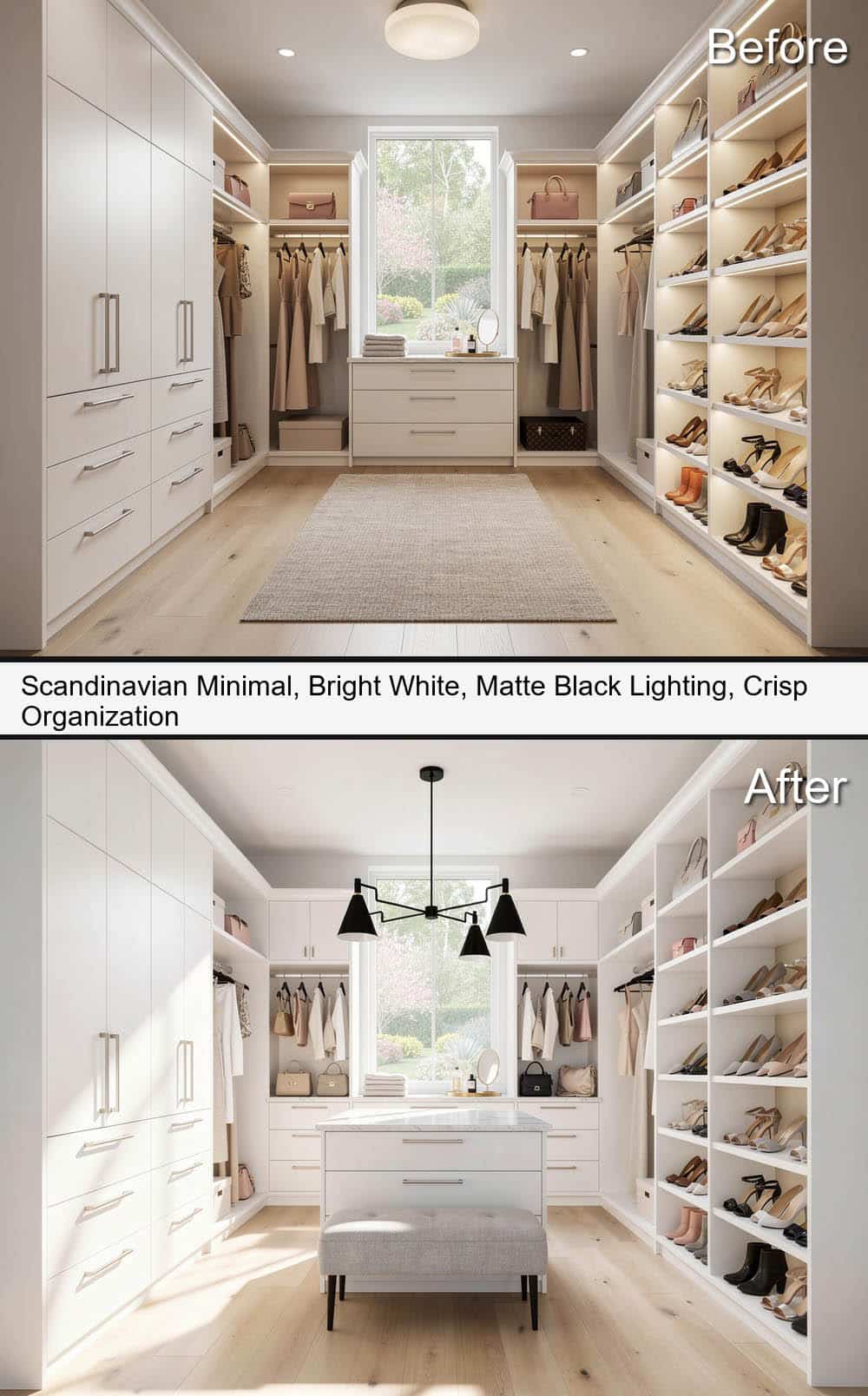 Scandinavian Minimal Closet, with Bright White Cabinets & Matte Black Lighting