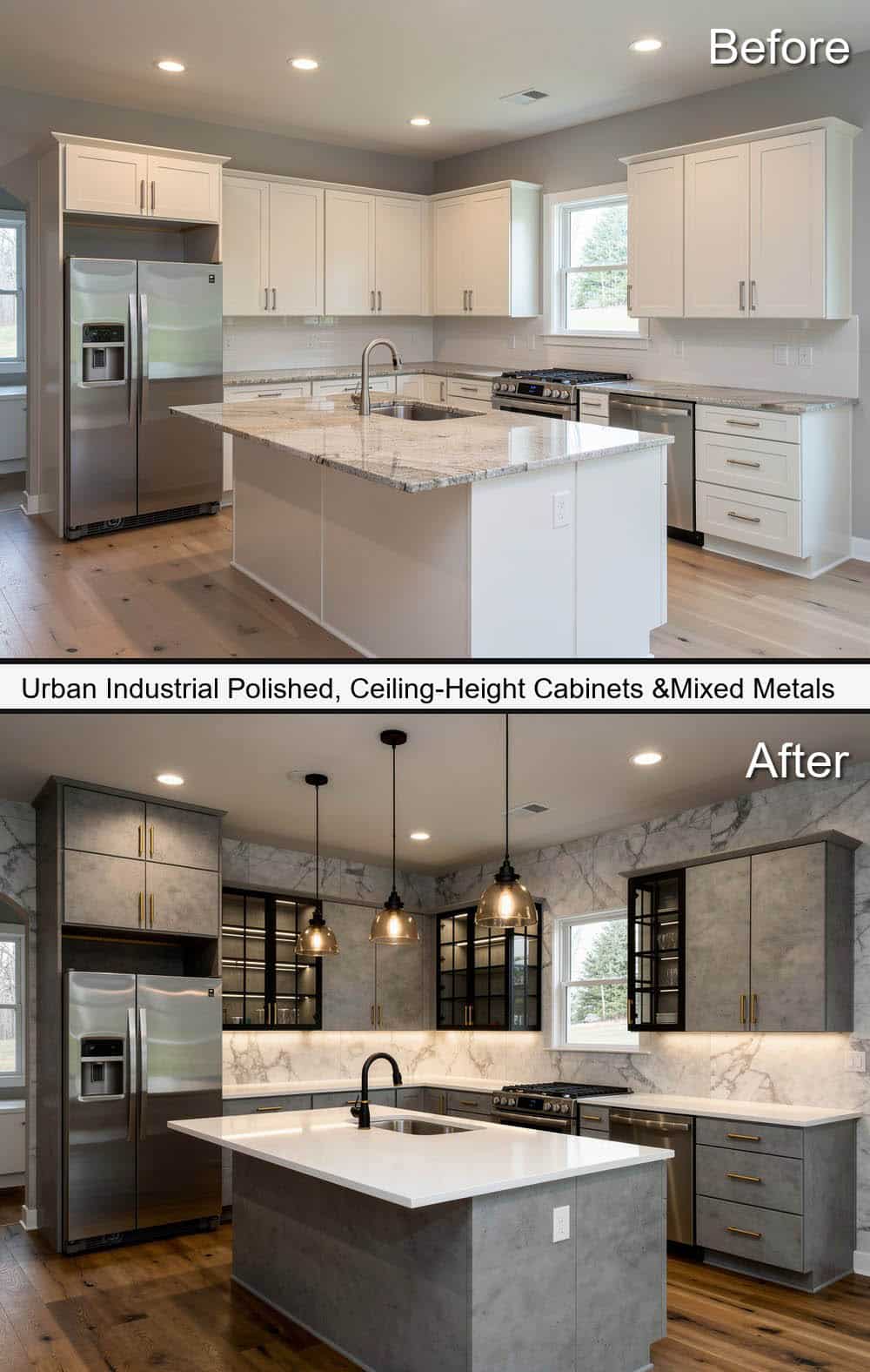 Polished Industrial Kitchen with Concrete-Look Cabinets and Steel-Frame Glass