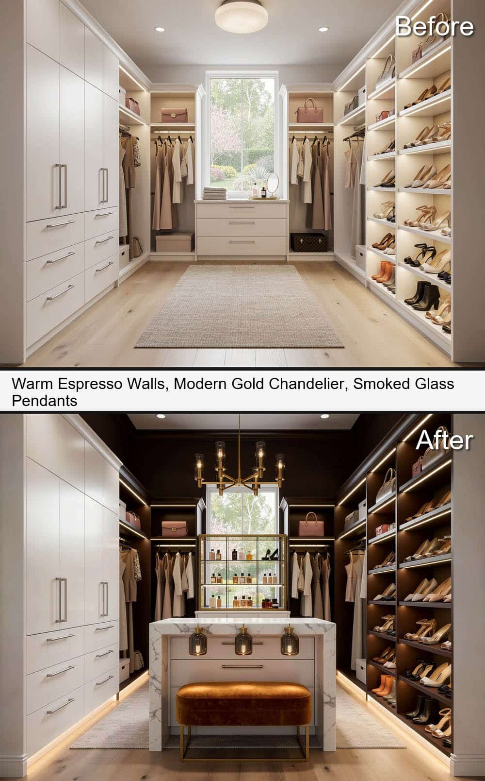 Espresso Walls, with Modern Gold Chandelier & Smoked-Glass Pendants