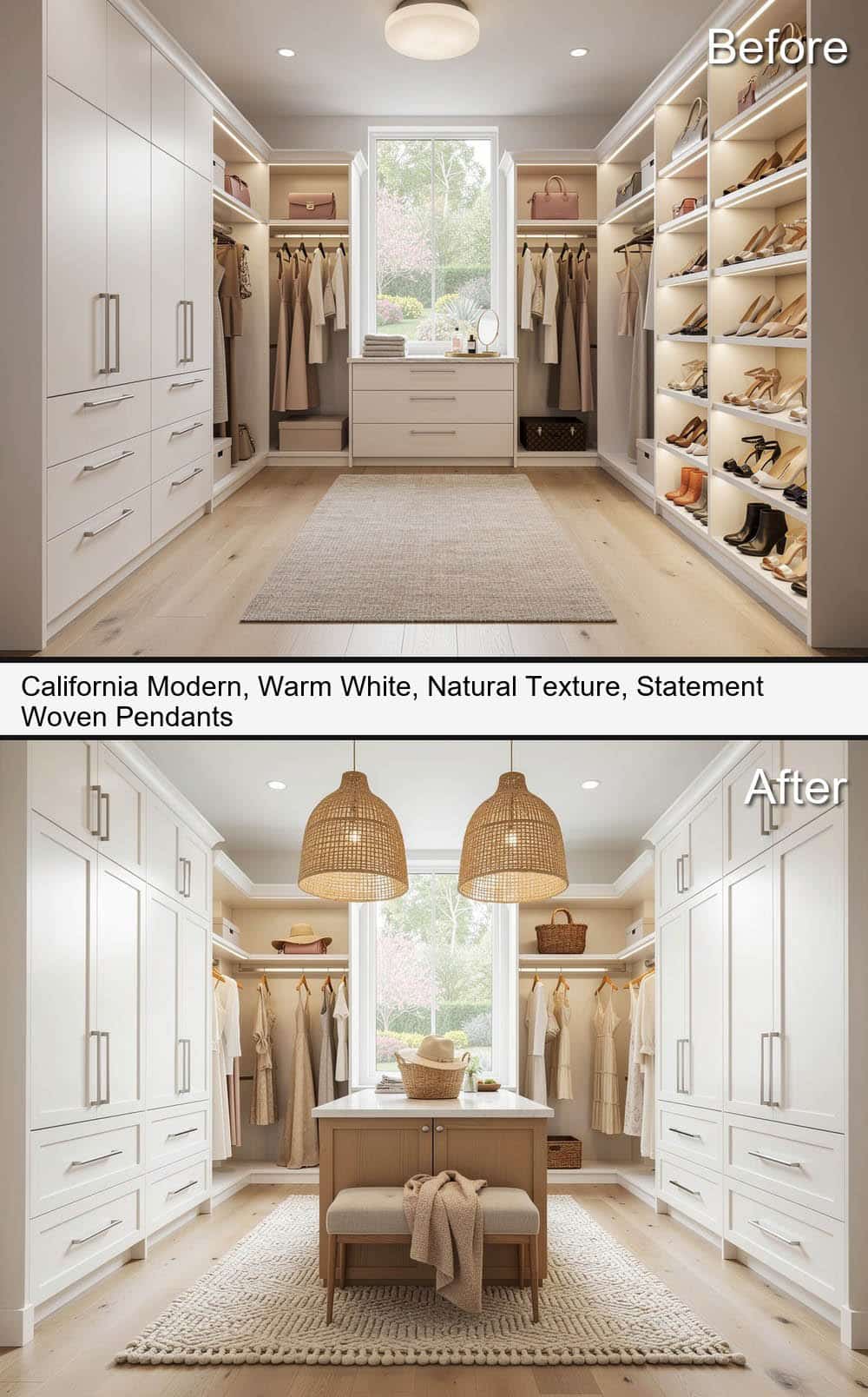 California Modern, with Warm-White Cabinets & Statement Woven Pendants