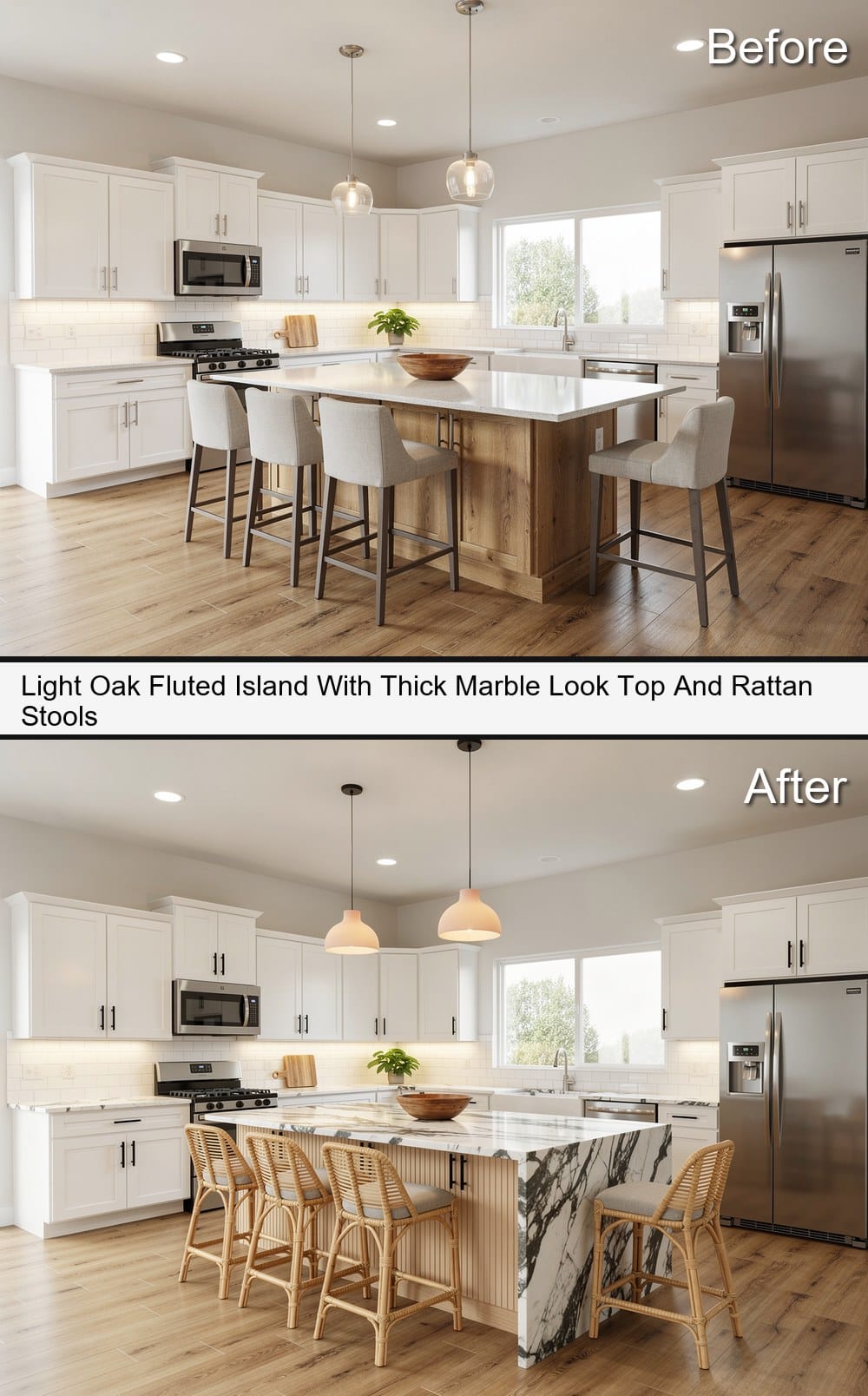 Light Oak Fluted Island With Thick Marble Look Top And Rattan Stools