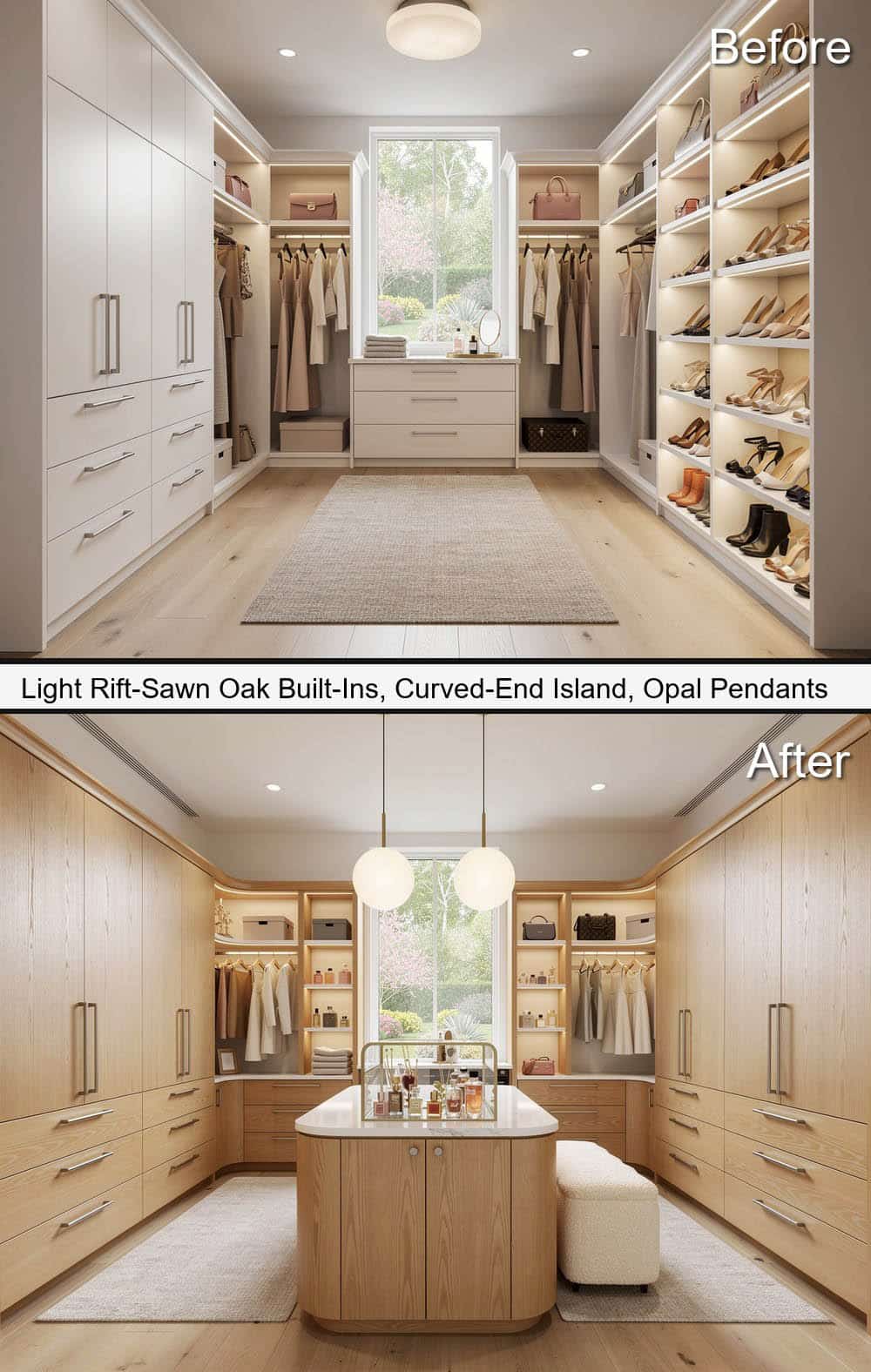 Light Rift Sawn Oak Built Ins, with Curved End Island & Opal Pendants