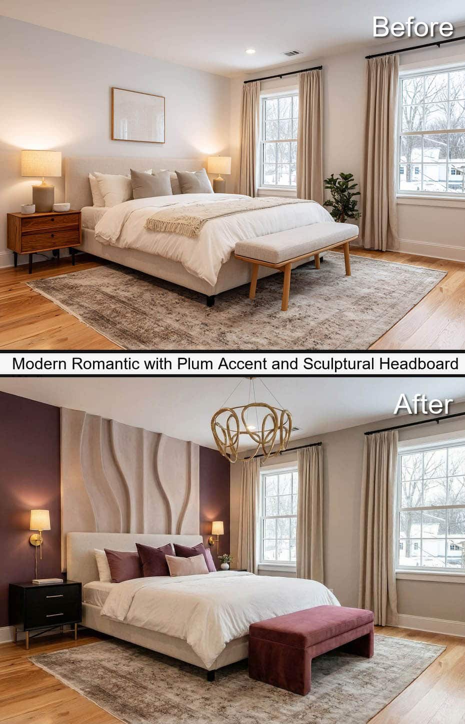 Master Bedroom with Plum Accent and Sculptural Headboard Wall