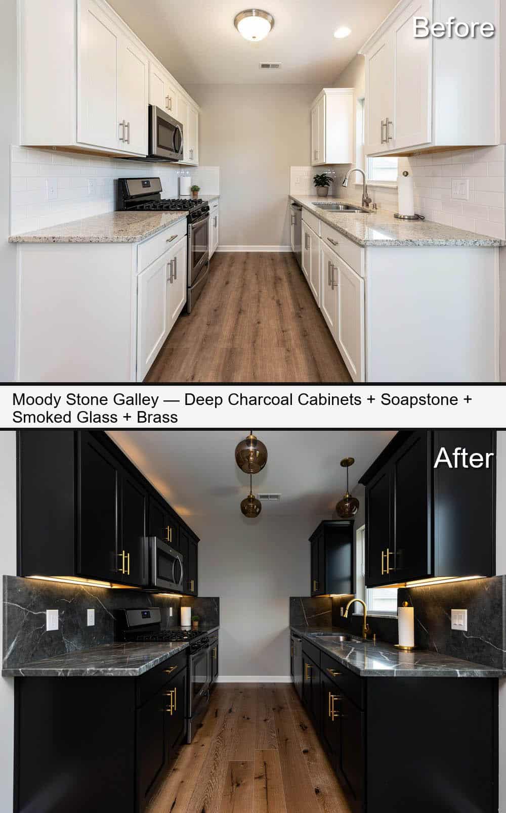 Moody Stone Kitchen with Deep Charcoal Cabinets, Soapstone, Smoked Glass and Brass