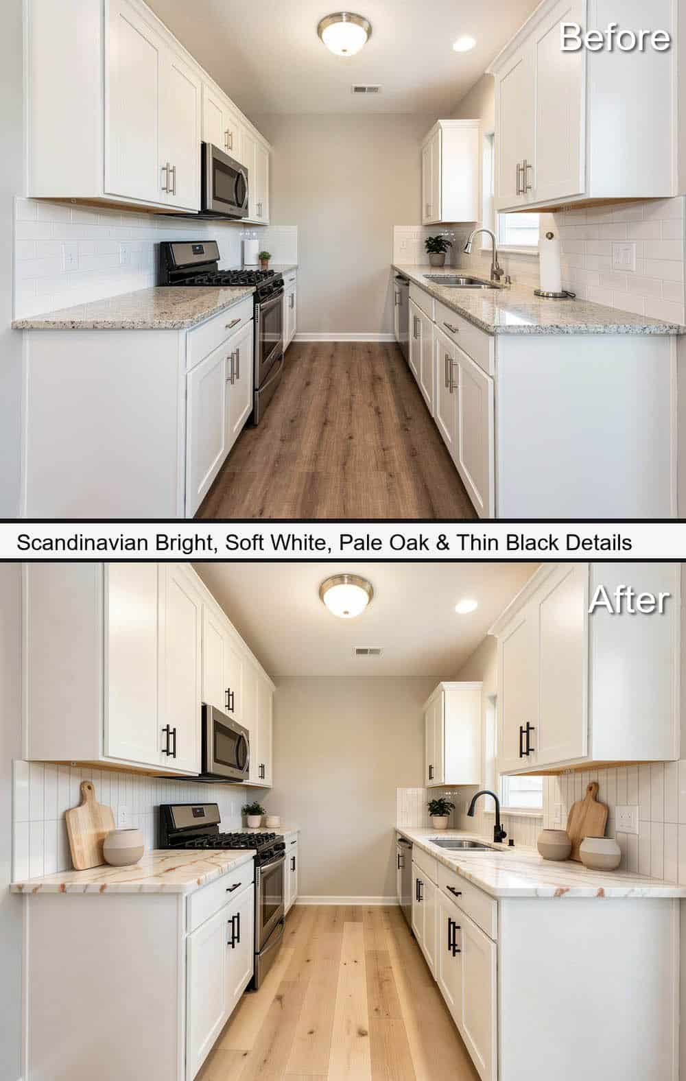 Scandinavian Kitchen with Soft White Cabinets, Pale Oak and Thin Black Details