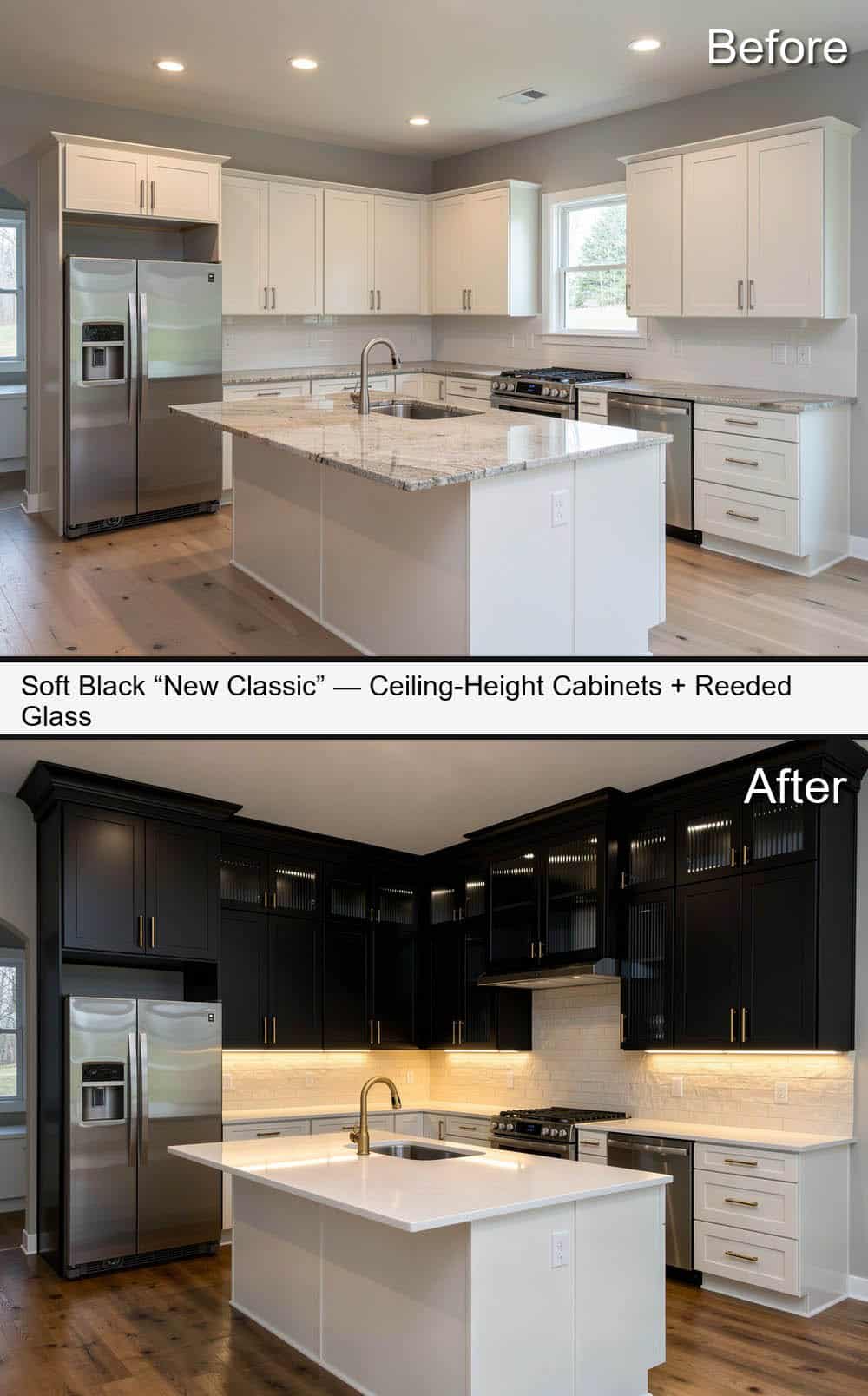 Modern Kitchen with Soft Black Cabinets with Reeded Glass and Warm Brass