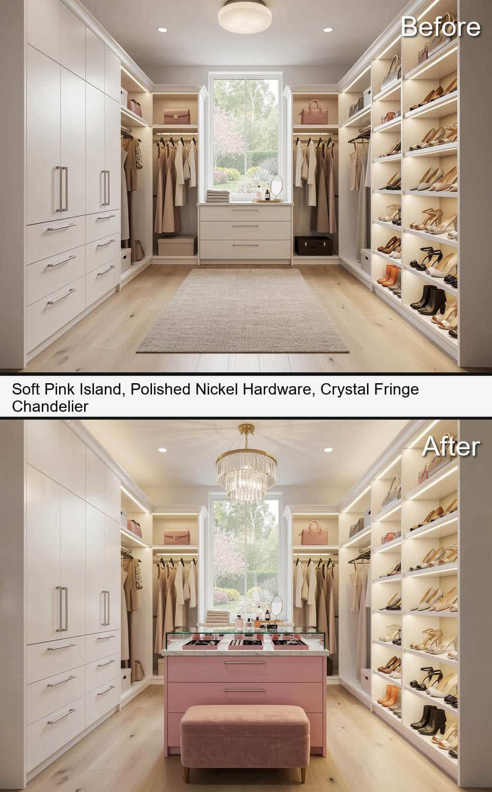 Soft Pink Island, with Polished Nickel Hardware & Crystal Fringe Chandelier