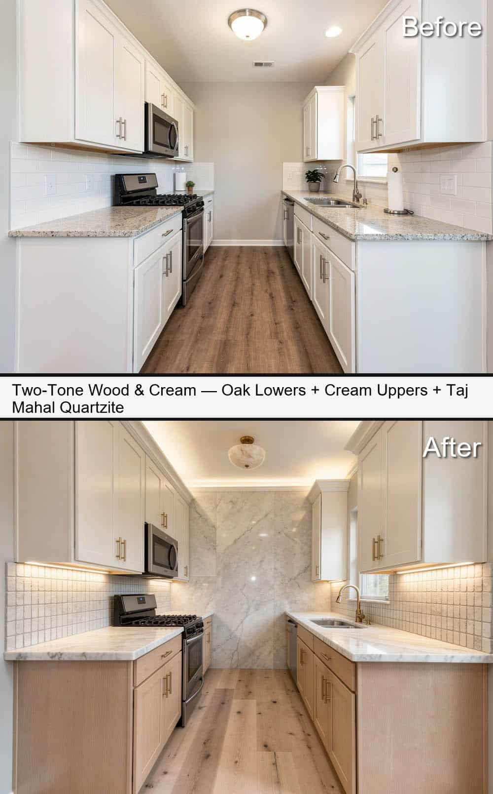 Two-Tone Galley with Oak Lowers, Cream Uppers and Taj Mahal Quartzite
