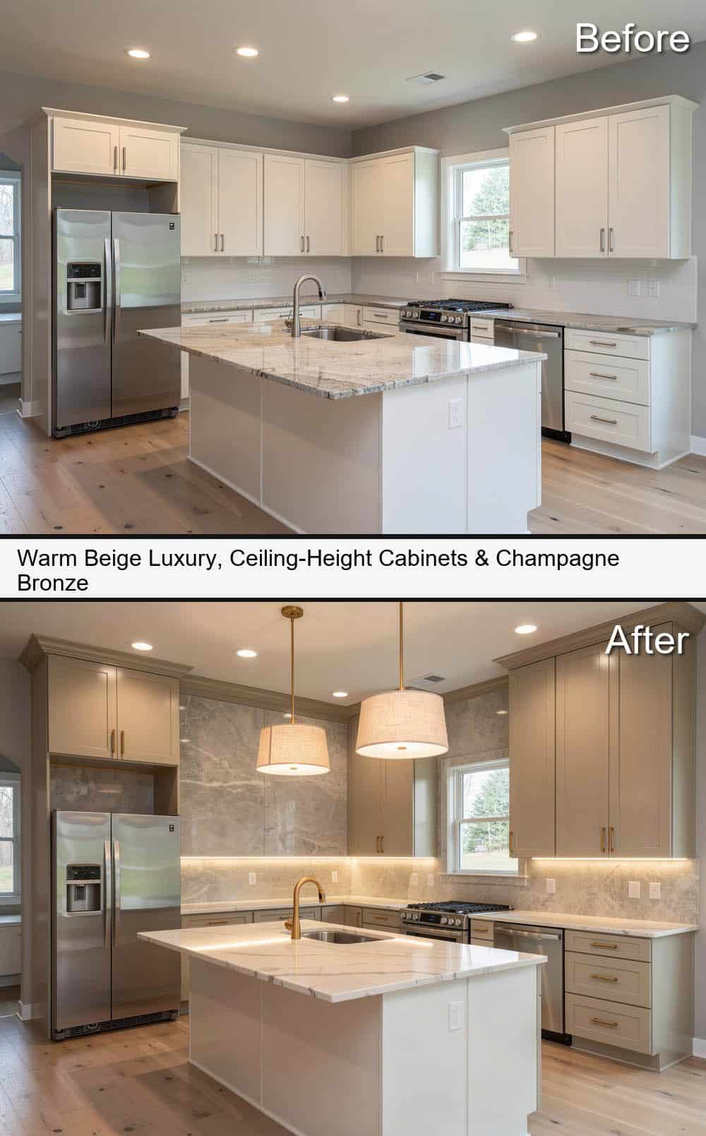 Elegant Kitchen with Extended Warm Beige Cabinetry with Champagne Bronze Finishes