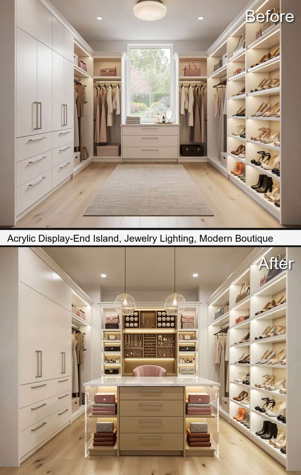 Acrylic Display End Island, with Jewelry Lighting & Modern Boutique Style