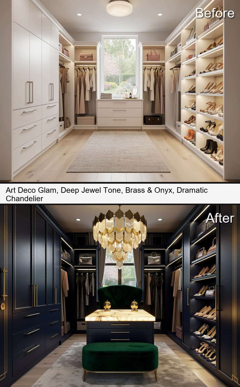 Art Deco Glam, Deep Jewel Tone, Brass & Onyx, with a Dramatic Chandelier