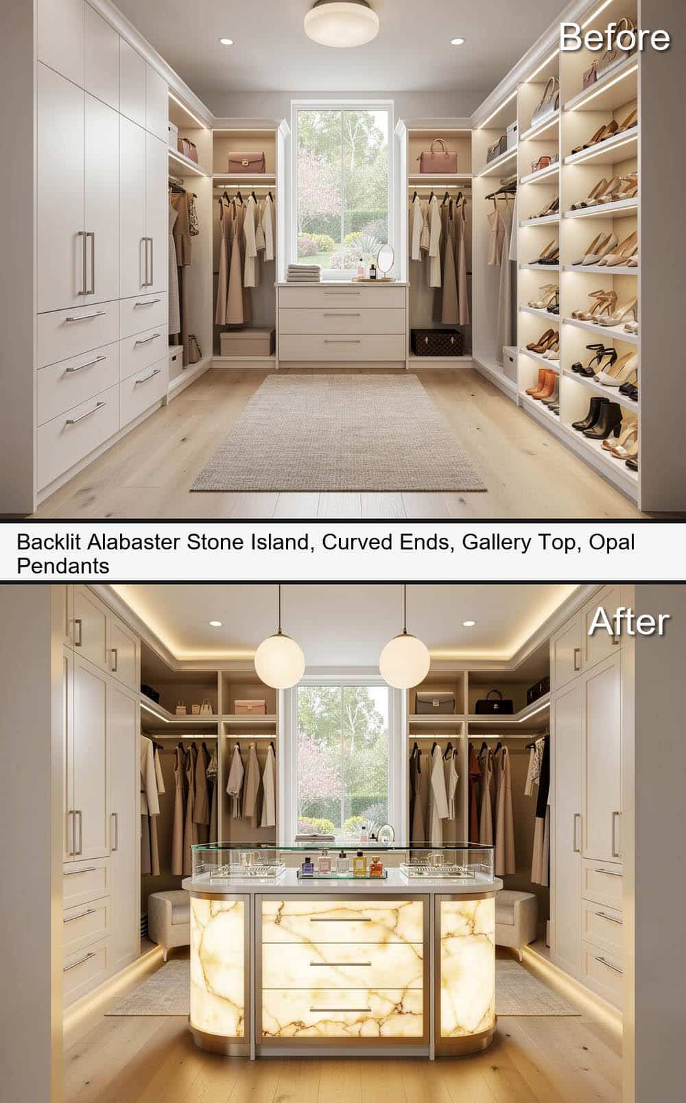 Backlit Alabaster Stone Island, Curved Ends, Gallery Top, with Opal Pendants