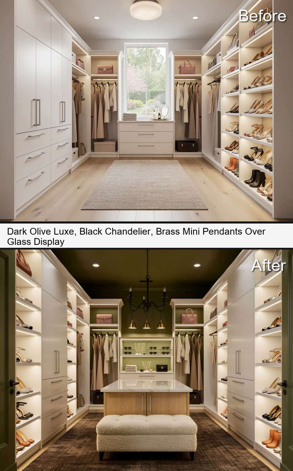 Dark Olive Luxe, Black Chandelier, with Brass Mini Pendants Over Glass Display