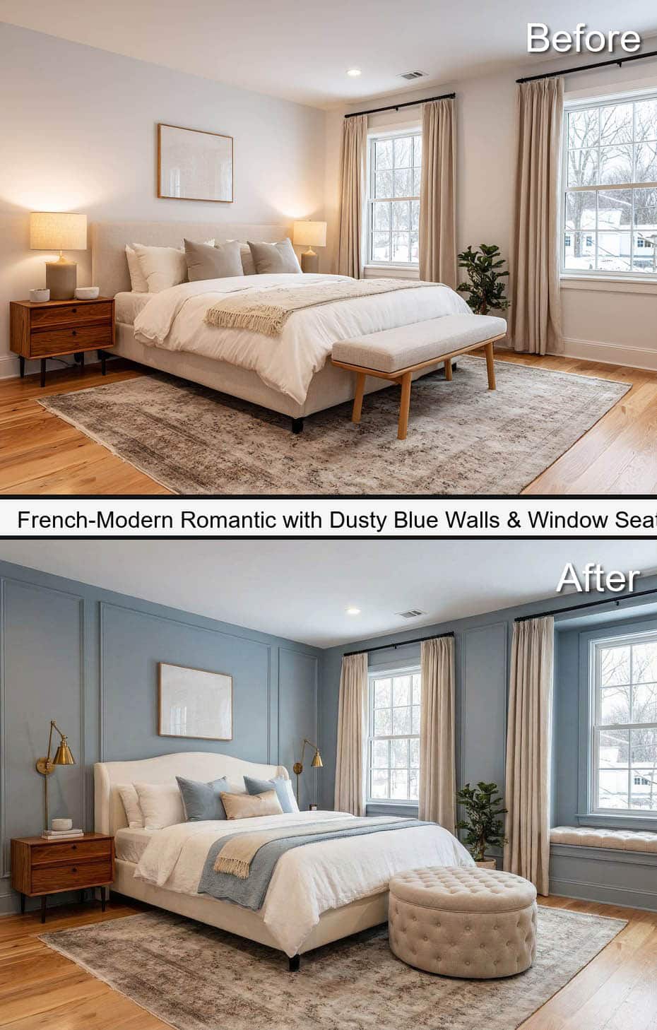 French-Modern Romantic with Dusty Blue Walls & Window Seat