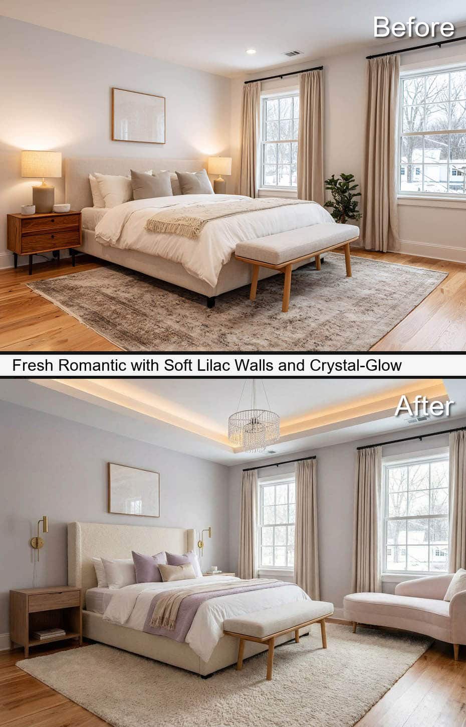 Master Suite with Soft Lilac Walls and Crystal-Glow Chandelier