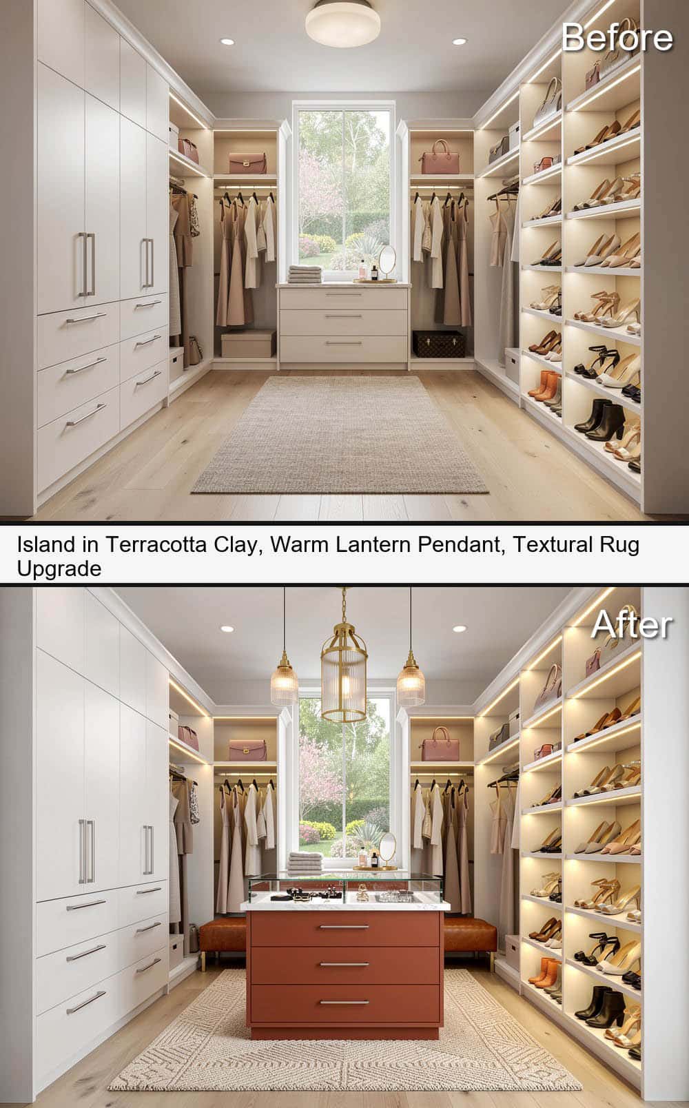 Terracotta Clay Island, Warm Lantern Pendant, with a Textural Rug Upgrade