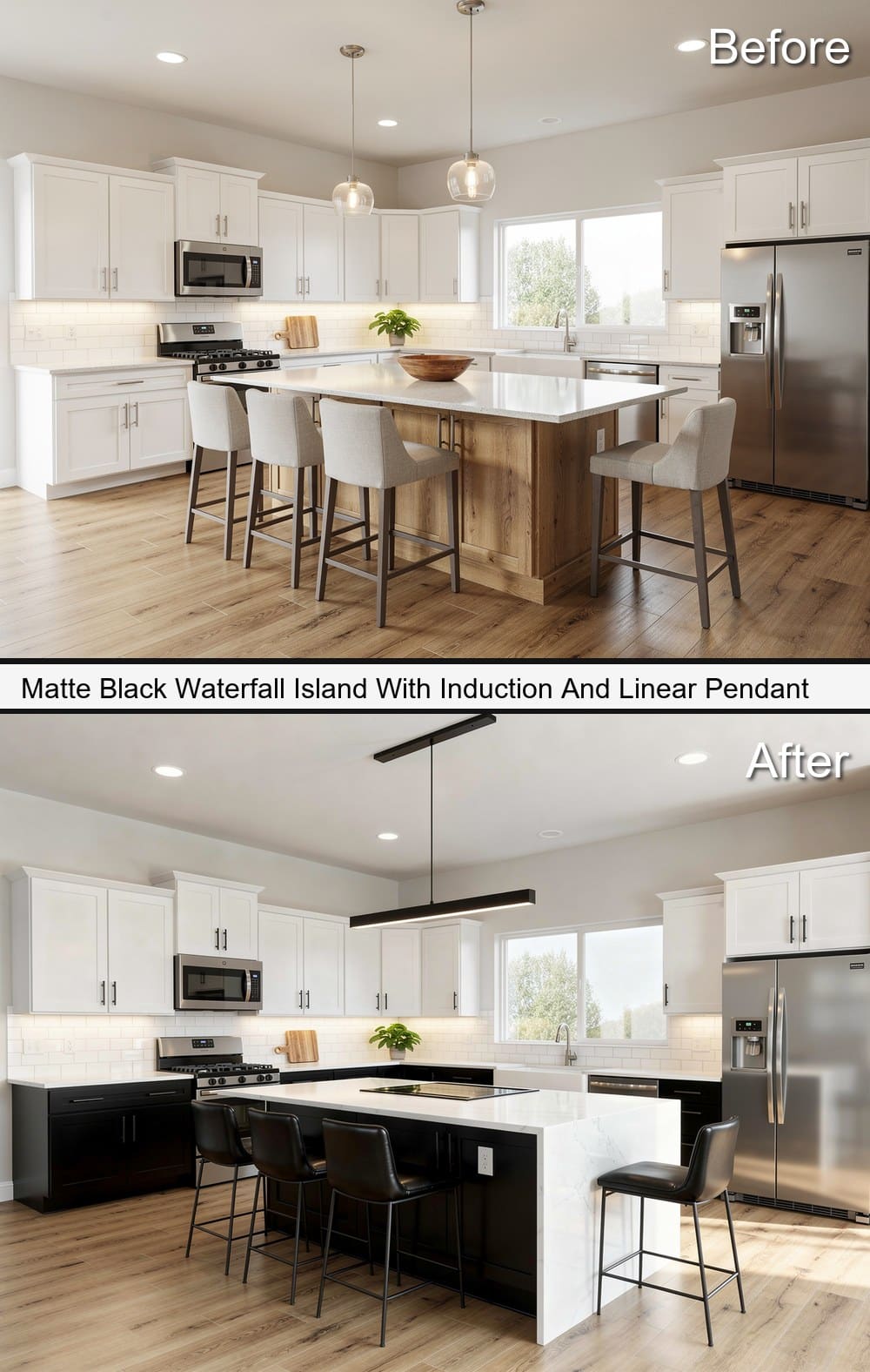 Matte Black Waterfall Island With Induction And Linear Style Pendant