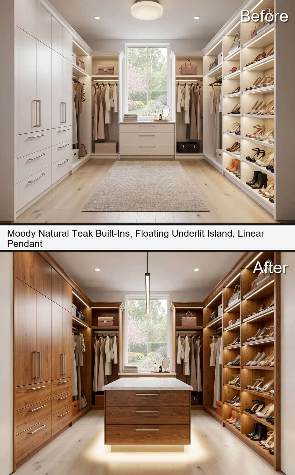 Moody Natural Teak Built Ins, Floating Underlit Island, with a Linear Pendant