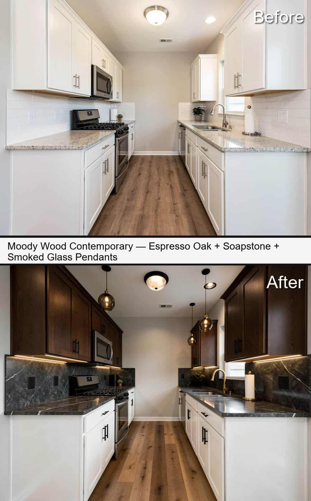 Moody Kitchen with Espresso Oak, Soapstone and Smoked Glass Pendants