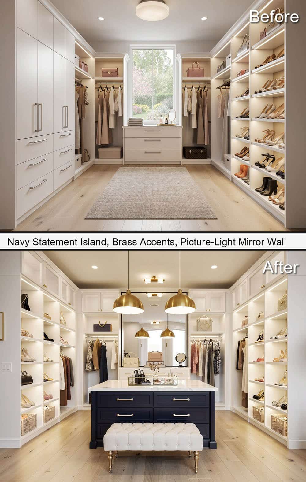 Navy Statement Island, Brass Accents, with a Picture Light Mirror Wall