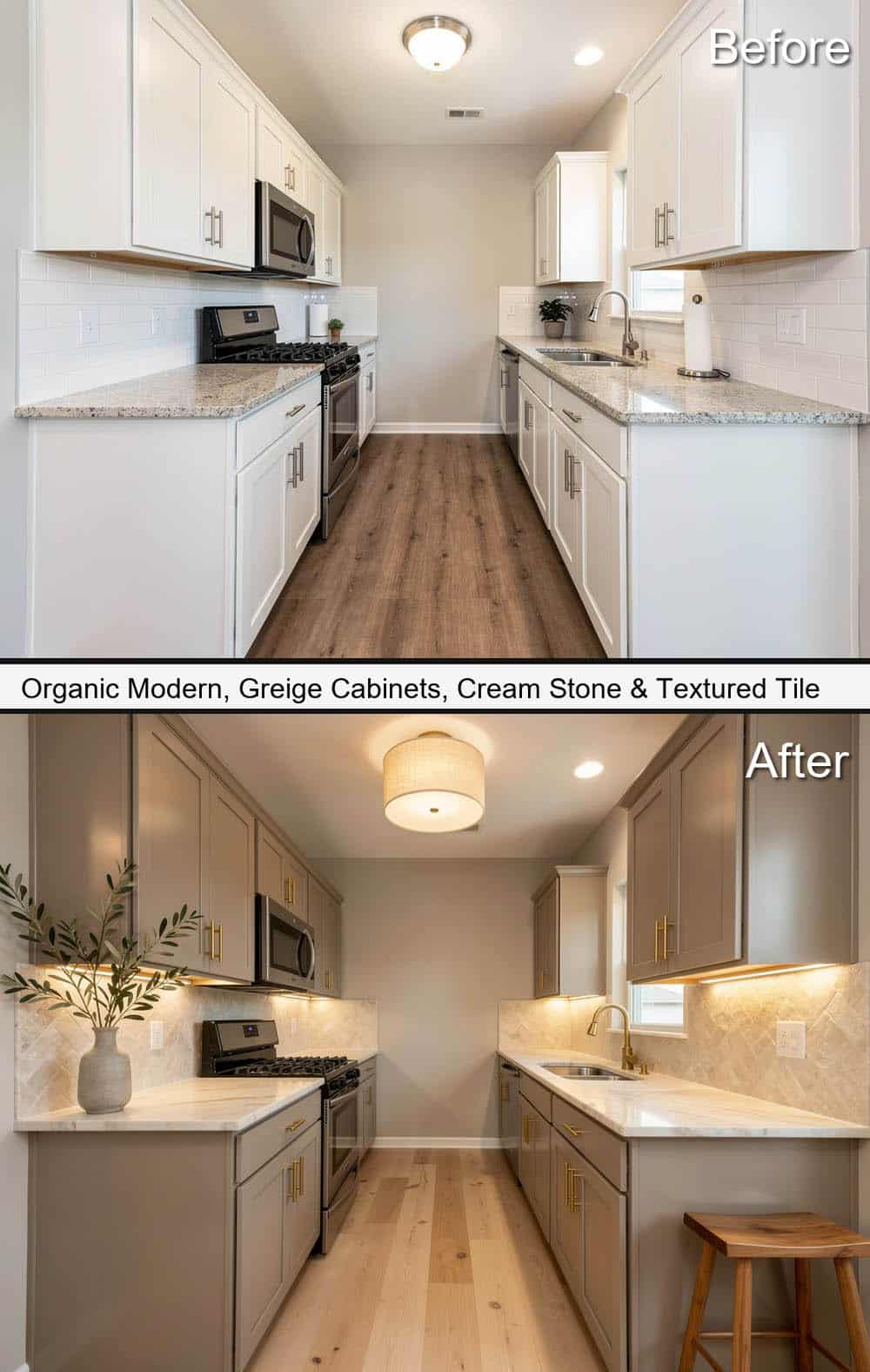 Organic Modern Style Kitchen with Greige Cabinets, Cream Stone and Textured Tile